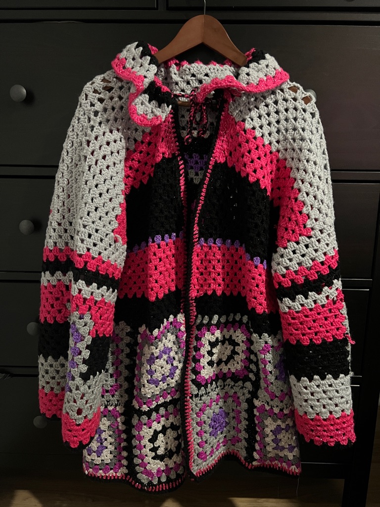 Handmade Crochet Collared Cardigan In Hot Pink, Black & Gray - Sparkly Accent